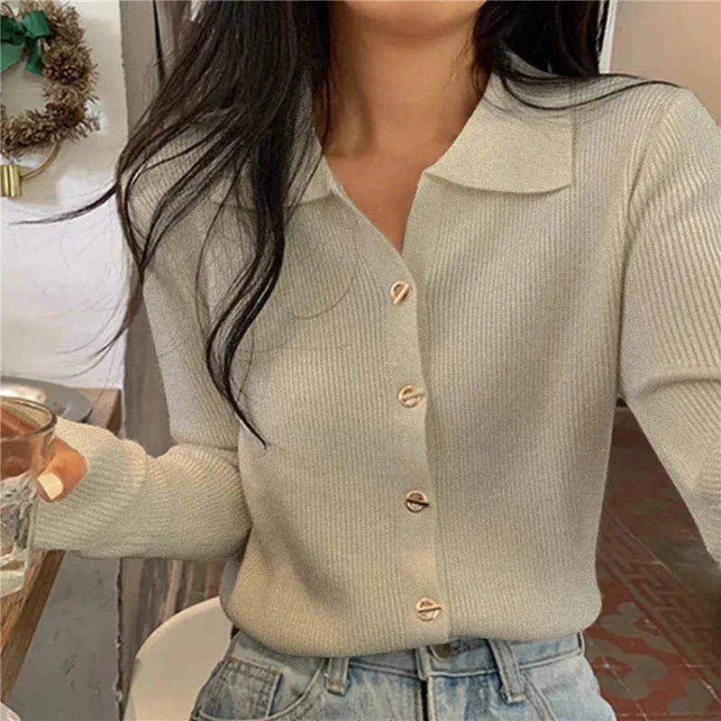 Fashion Slim Ladies Elegant Solid Jumpers V Neck Knitted Cardigan For Women Fall Winter 2023 New Korean Single Breasted Sweater