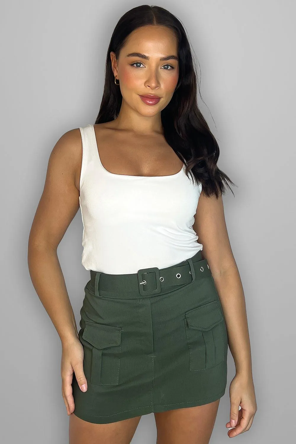 High Waist Belted Stretchy Cargo Skorts