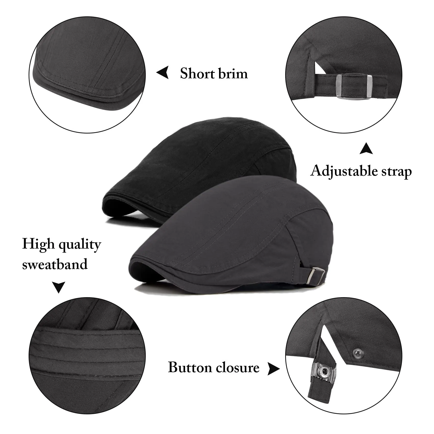 Pack Newsboy Hats for Men Flat Cap Cotton Adjustable Breathable Hunting Hat