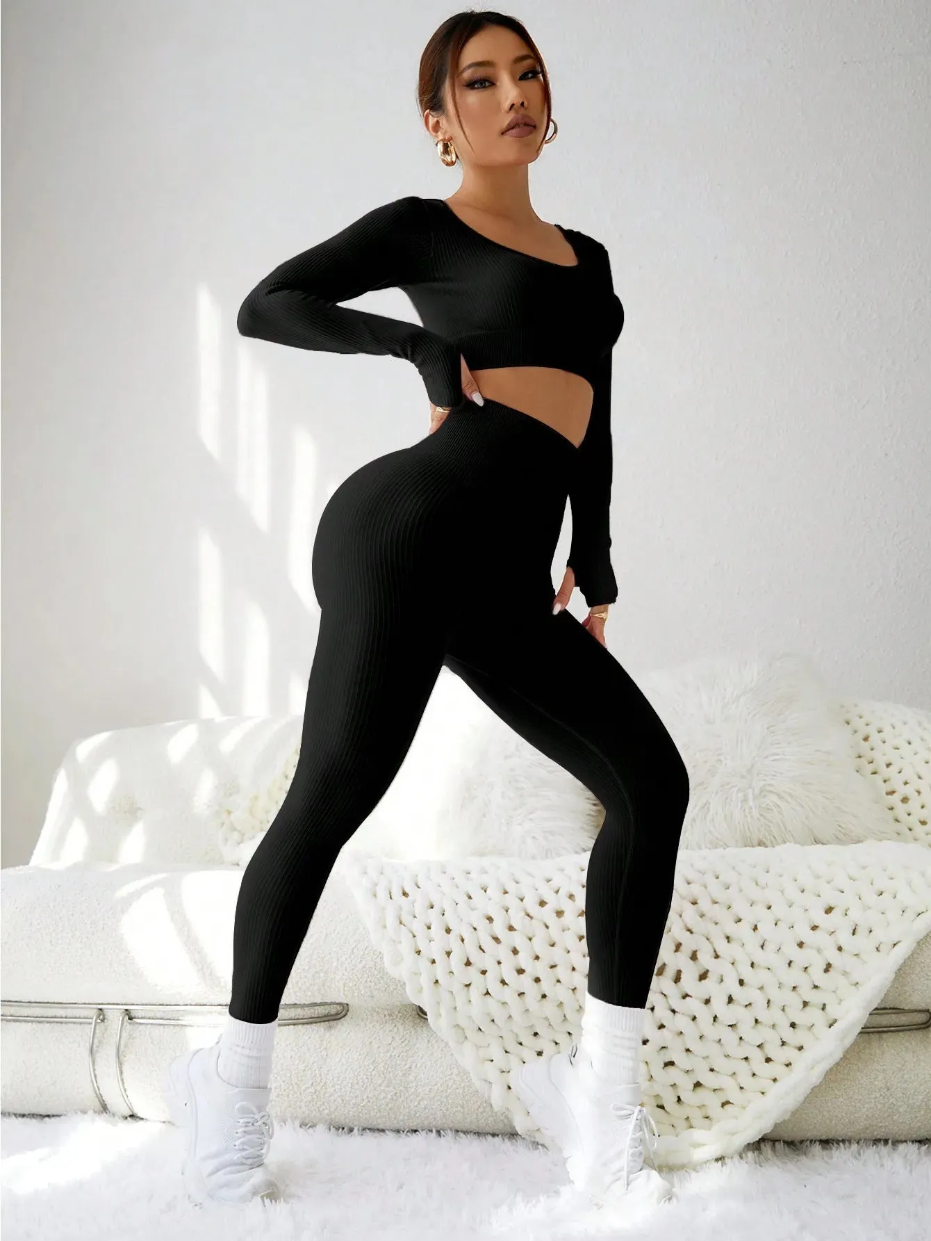 Seamless long-sleeved high-waisted hip-lifting trousers suit outdoor sports running cycling fitness training yoga dress woman