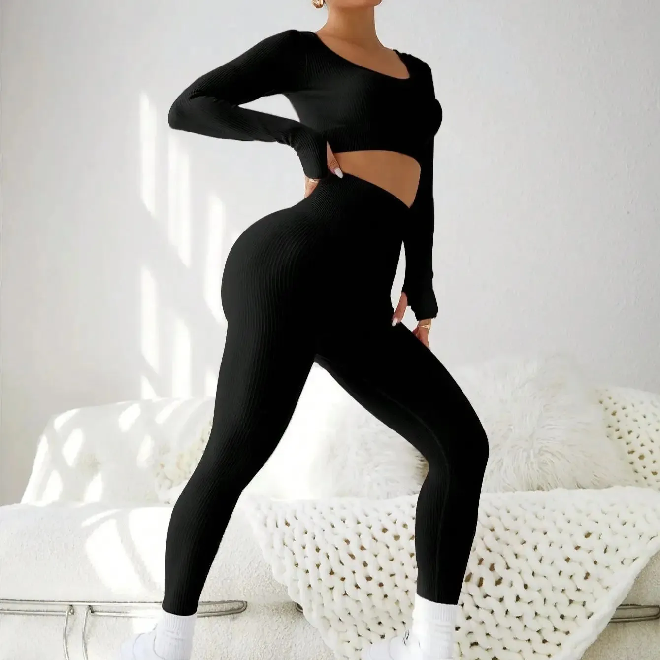 Seamless long-sleeved high-waisted hip-lifting trousers suit outdoor sports running cycling fitness training yoga dress woman