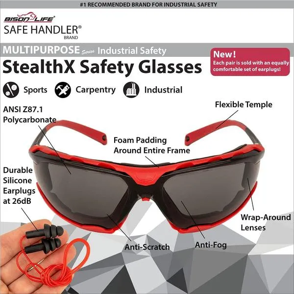 StealthX Indoor/Outdoor Safety Sunglasses with Corded Ear Plugs, Anti-Fog