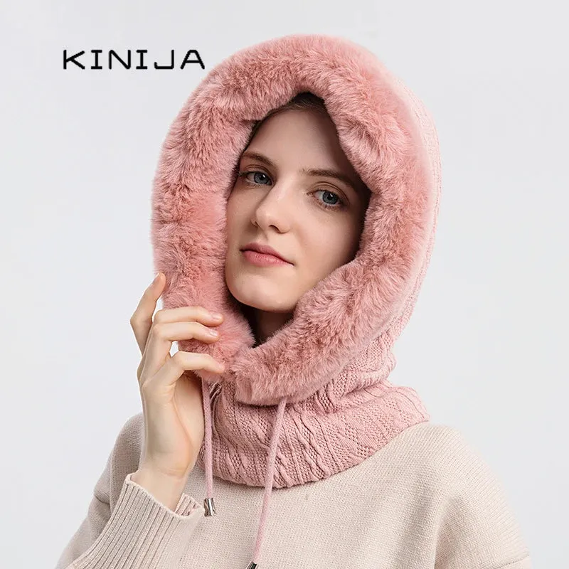 Women's Knitted Cashmere Fur Cap & Balaclava Set Stay Warm in Style: