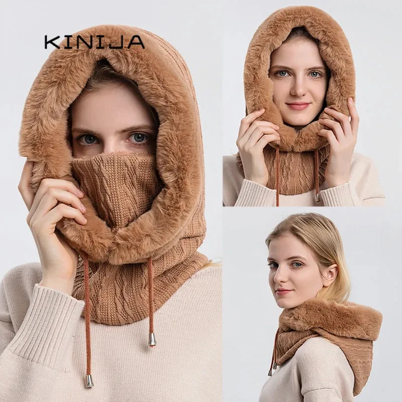 Women's Knitted Cashmere Fur Cap & Balaclava Set Stay Warm in Style: