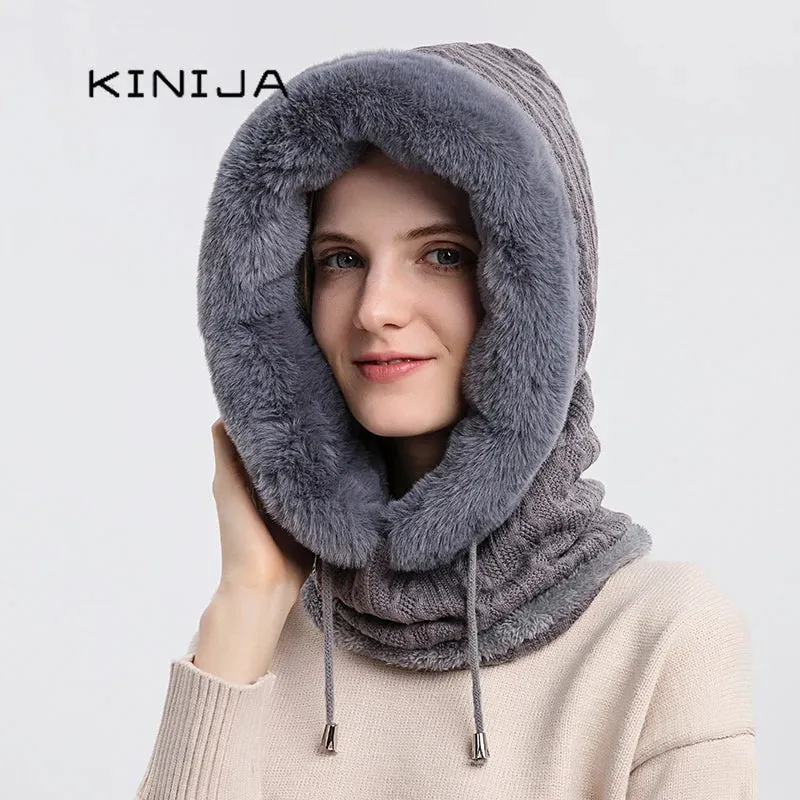 Women's Knitted Cashmere Fur Cap & Balaclava Set Stay Warm in Style: