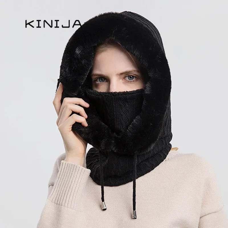 Women's Knitted Cashmere Fur Cap & Balaclava Set Stay Warm in Style: