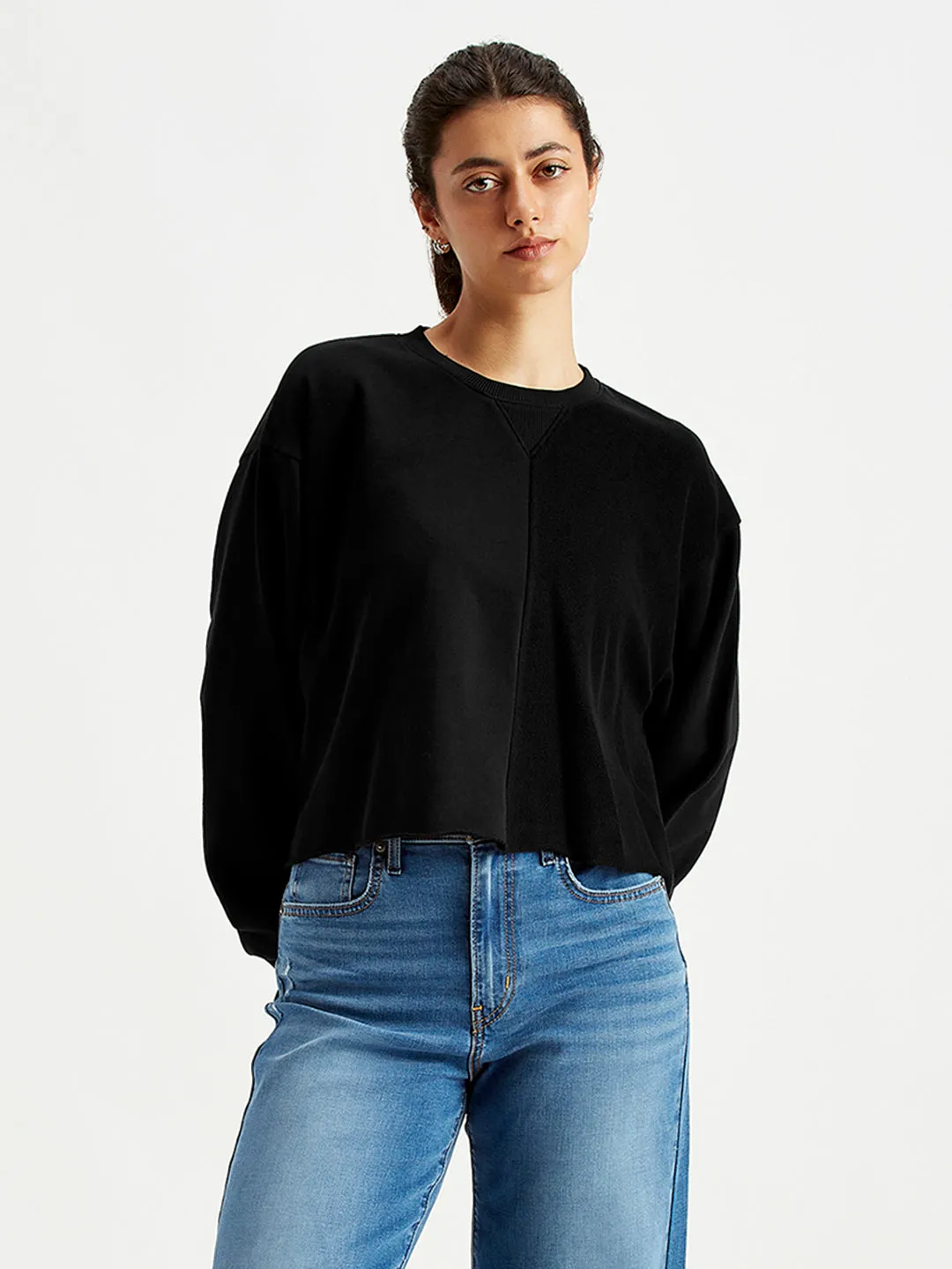 Women's Solid Black Crew Neck Sweatshirt